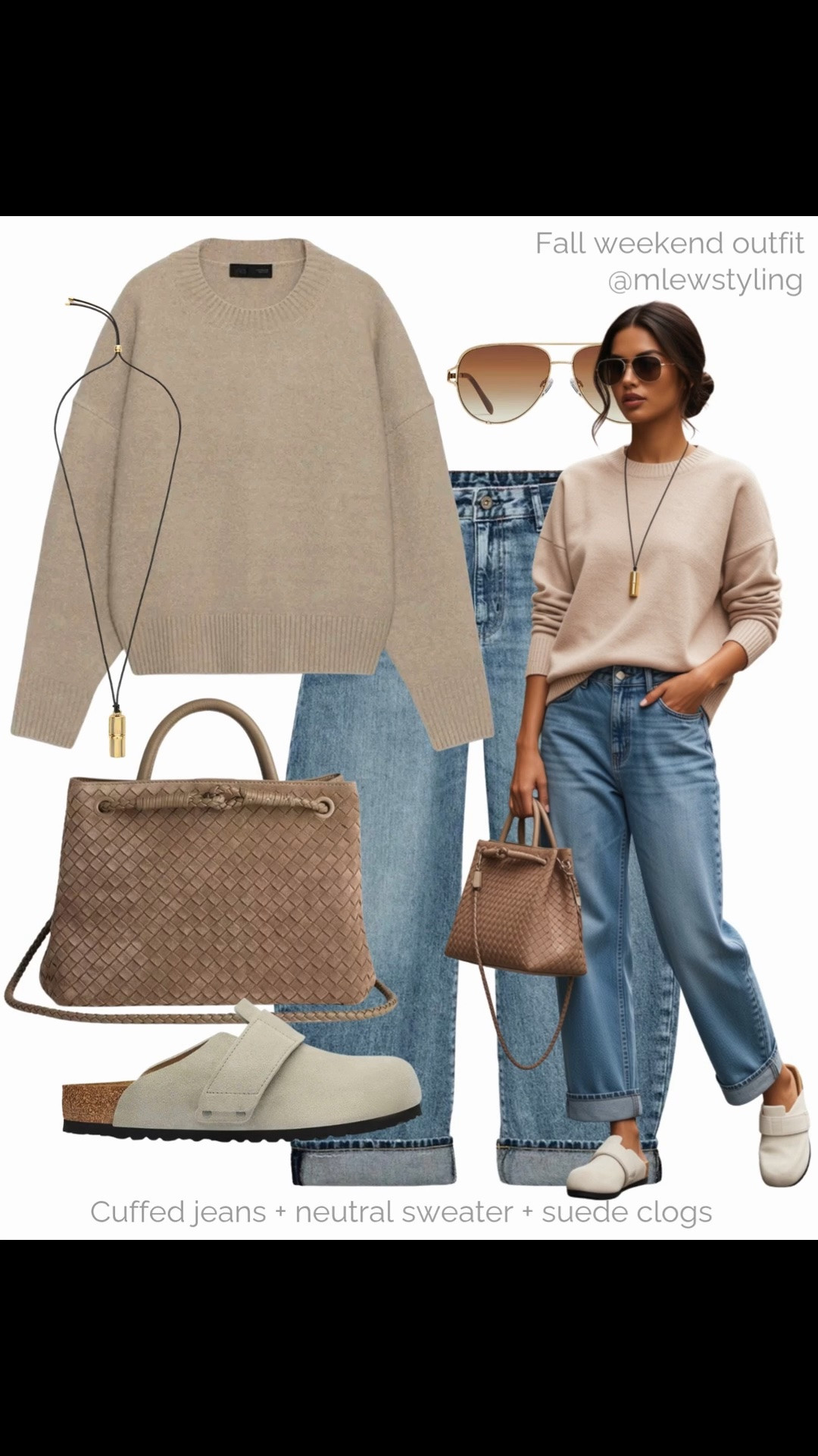 Fall weekend outfit 🍂

Tags:  new-in Zara crewneck sweater, baggy cuffed hem jeans, Birkenstock clogs, quince suede tote bag, aviator sunglasses, neutral aesthetic, capsule wardrobe, autumn outfit formulas, pendant necklace

#LTKfall #LTKjeans #LTKcanada
