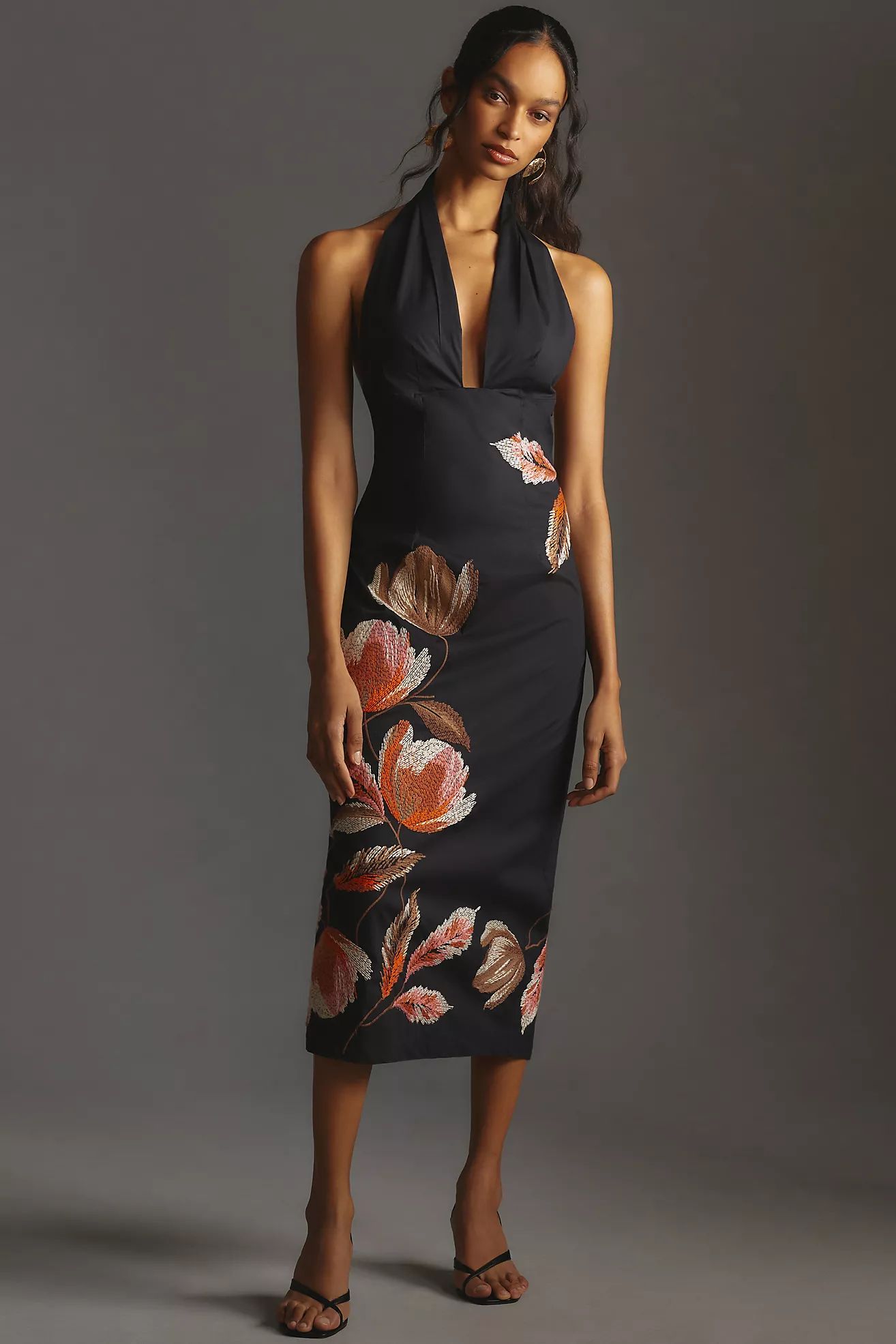 By Anthropologie Halter Embroidered Floral Midi Dress | Anthropologie (US)