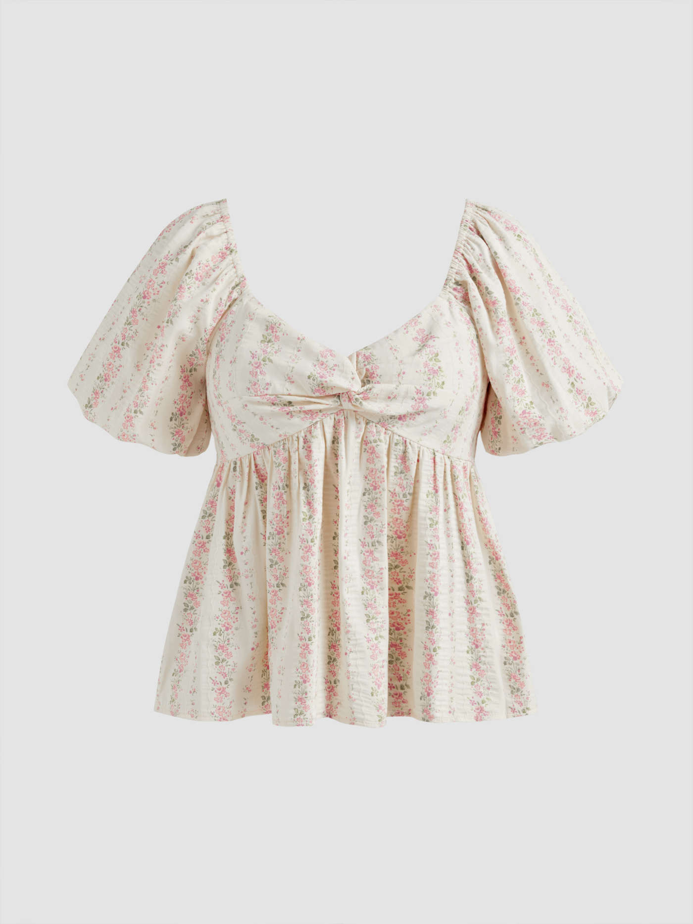 Woven Sweetheart Floral Twist Puff Sleeve Blouse For Daily Casual Picnic | Cider