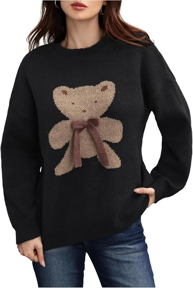 Milumia Women's Bear Print Crew Neck Long Sleeve Sweater Bow Knot Oversized Knitwear | Amazon (US)