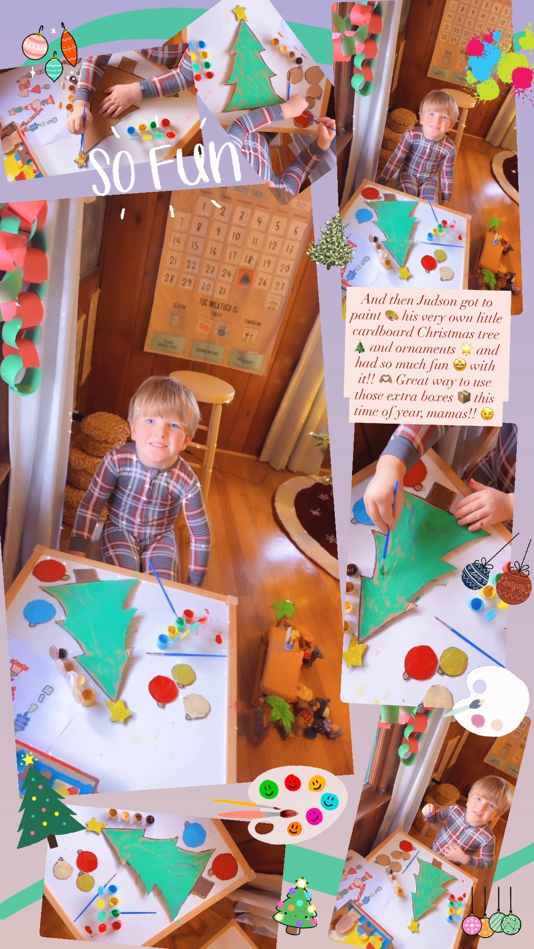 And then Judson got to paint 🎨 his very own little cardboard Christmas tree 🎄 and ornaments 🌟 and had so much fun 🤩 with it!! 🫶🏽 Great way to use those extra boxes 📦 this time of year, mamas!! 😉 

#LTKHoliday