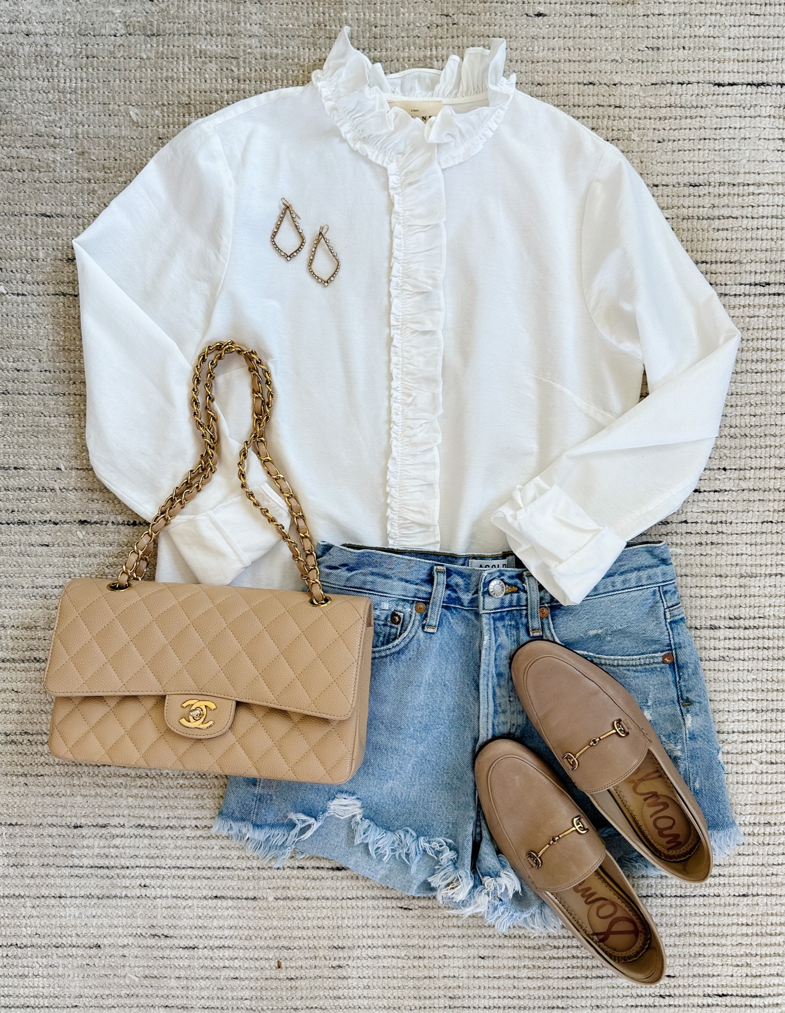 Summer outfit with white ruffle blouse paired with my favorite jean shorts in color swapmeet. I recommend sizing down a size on the jean shorts, because they run big! The perfect casual summer outfit for date night, weekend outfit and more. 

#LTKstyletip #LTKSeasonal