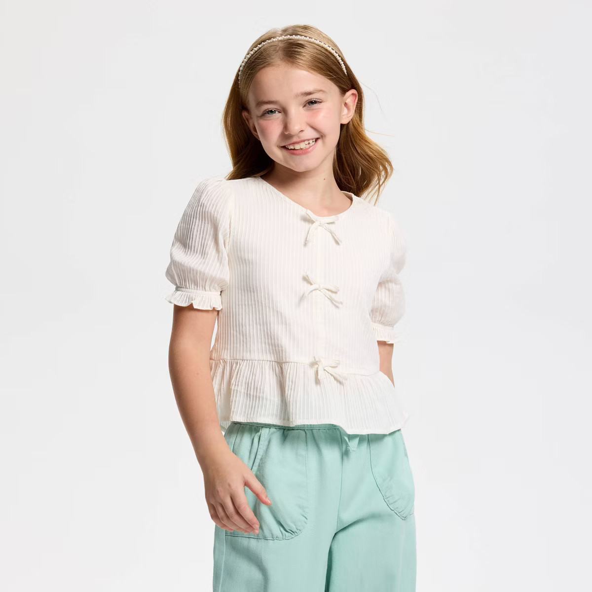 Owillo® Girls' Puff Short Sleeve Peplum Bow Top - White | Target