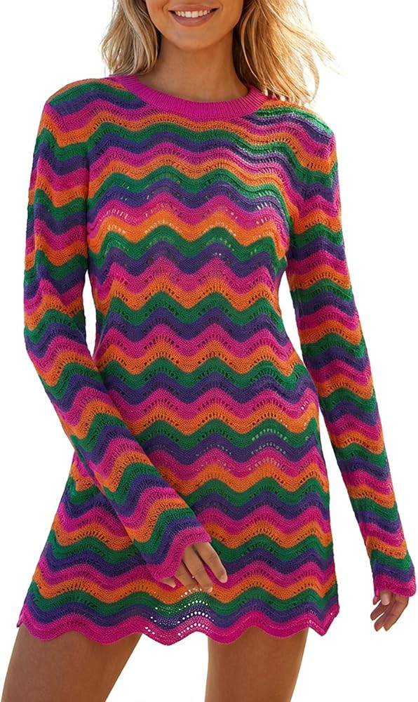 YUNLORIA Women's Crochet Colorful Mesh Summer Long Sleeve Cover Ups Casual Striped Beach Wear Kni... | Amazon (US)