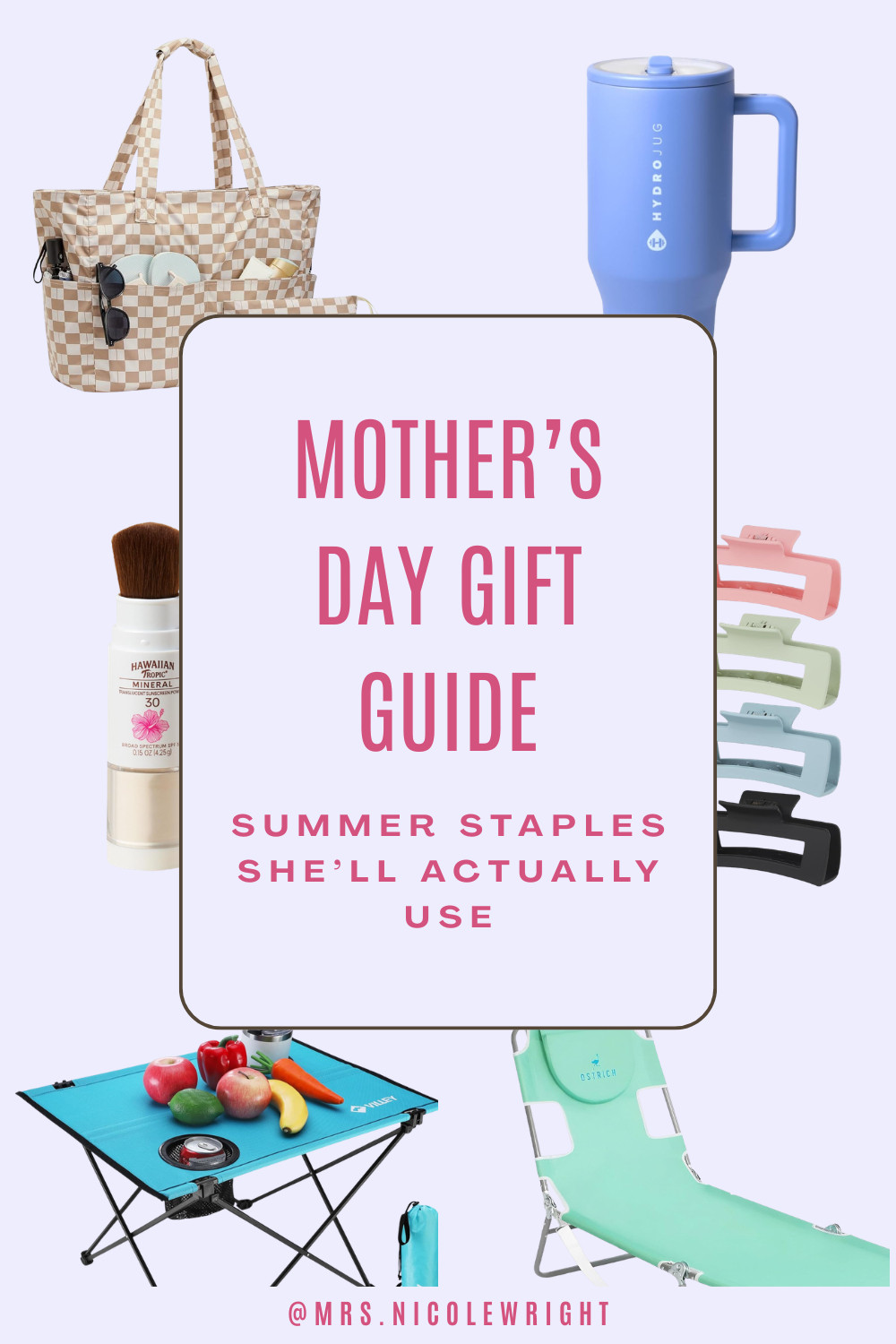 Mother's Day is coming up fast and these summer staples are gifts she'll actually use! The checkered beach bag, Hydro Jug, Hawaiian Tropic sunscreen stick, hair claw clips, camp table and lounge chair are all linked below. Shop everything before it sells out! 💕 

 #LTKMothersDay #LTKmomlife #LTKTravel