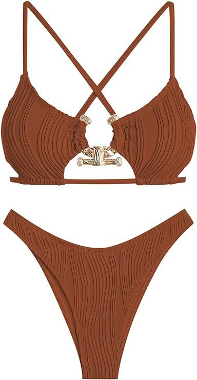 ZAFUL Women's Cutout Bikini Criss Cross Textured Metal High Leg Bikini Sets Cheeky Bikini Two Pie... | Amazon (US)