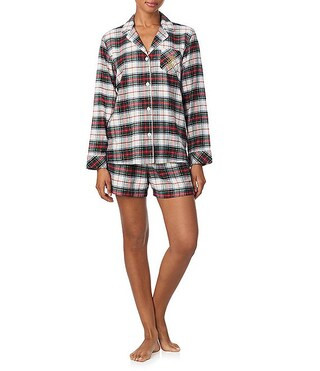 Plaid Long Sleeve Notch Collar Brushed Twill Holiday Shorty Pajama Set | Dillard's