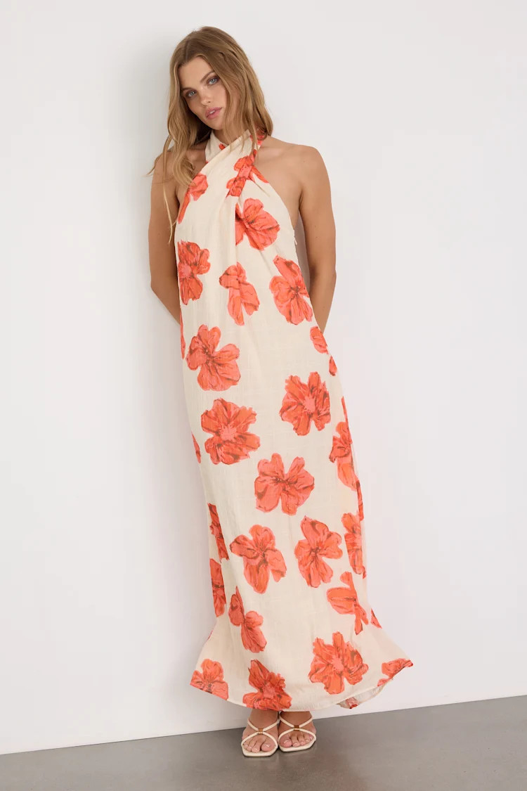 Laurel Cream Floral Halter Maxi Dress | beach vacation outfits | vacation looks | Lulus