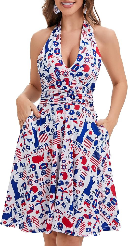 Women's Summer Sundress- 2025 Sexy Halter Sleeveless Spring Boho Elastic Waist Ruffle Mini Dress | Amazon (US)