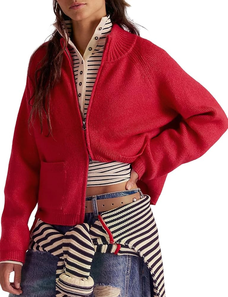 Wyeysyt Zip Up Sweaters for Women Cropped Chunky Cardigan Mock Neck Long Sleeve Ribbed Knit Cardi... | Amazon (US)