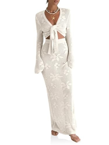 Beloyoni Women's Summer Swimsuit Coverup Crochet Knit Cardifan Tops Long Skirt Beach Set Swimwear Bathing Suit Cover Ups White S | Amazon (US)