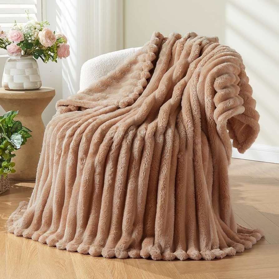 NEWCOSPLAY Super Soft Throw Blanket Taupe Premium Silky Flannel Fleece 3D Ribbed Jacquard Lightwe... | Amazon (US)