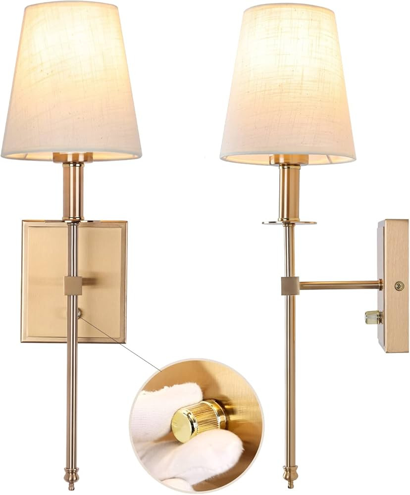 Apsekoka 2-Pack Brushed Brass Hardwired Wall Sconces, Gold Vanity Light Fixtures with Beige Fabri... | Amazon (US)