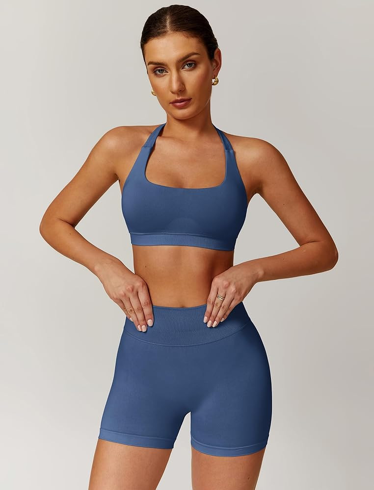 ABOCIW Workout Sets for Women 2 Piece seamless Halter Sports Bra Scrunch Butt Impact Shorts Gym Y... | Amazon (US)