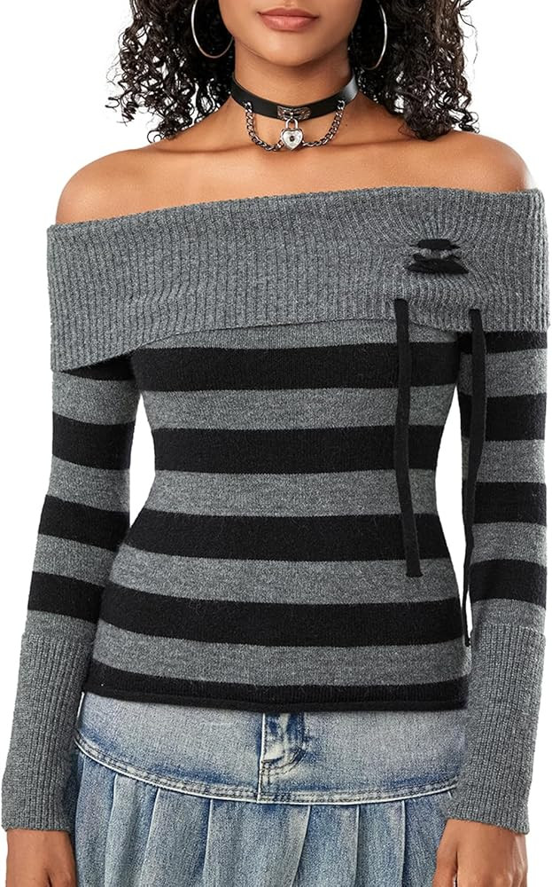 Y2k Off The Shoulder Sweater Women Top Boat Neck Long Sleeve Going Out Crop Tops Sexy Knit Slim T... | Amazon (US)