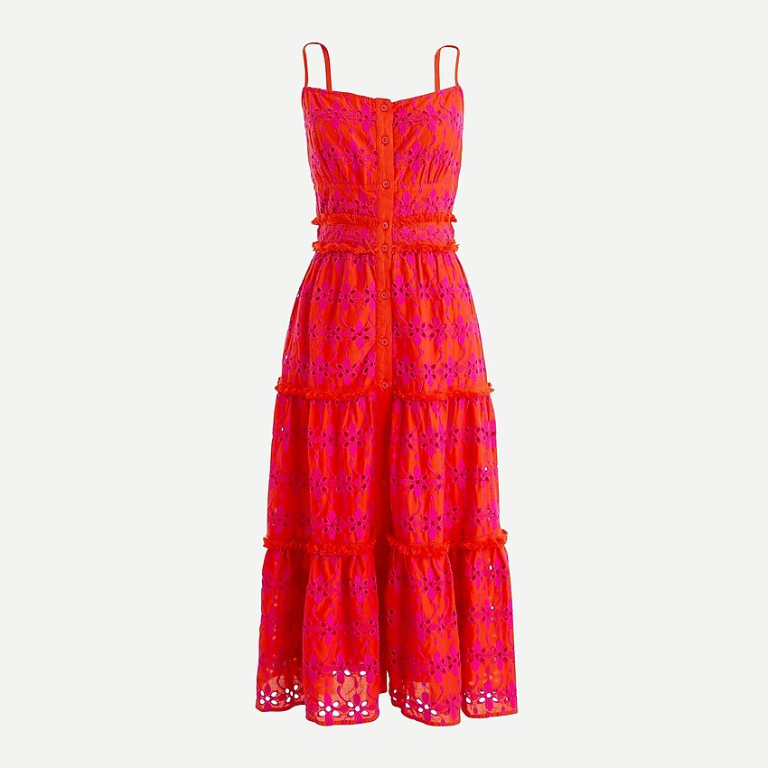 Button-up tiered midi dress in eyelet | J. Crew US