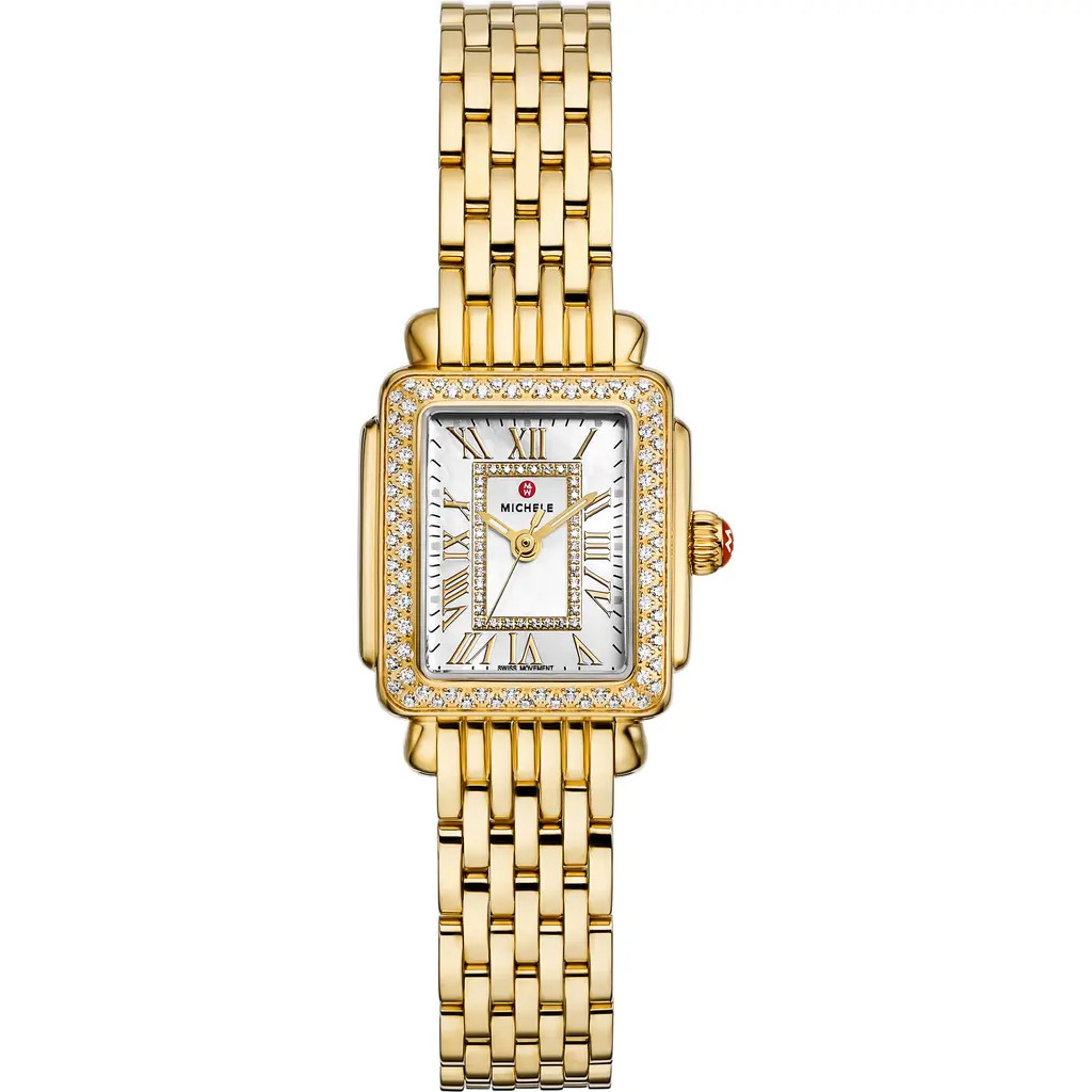 MICHELE Mini Deco Madison Two-Tone 18K Gold Plate Diamond Bracelet Watch, 23mm x 24mm at Nordstrom | Nordstrom