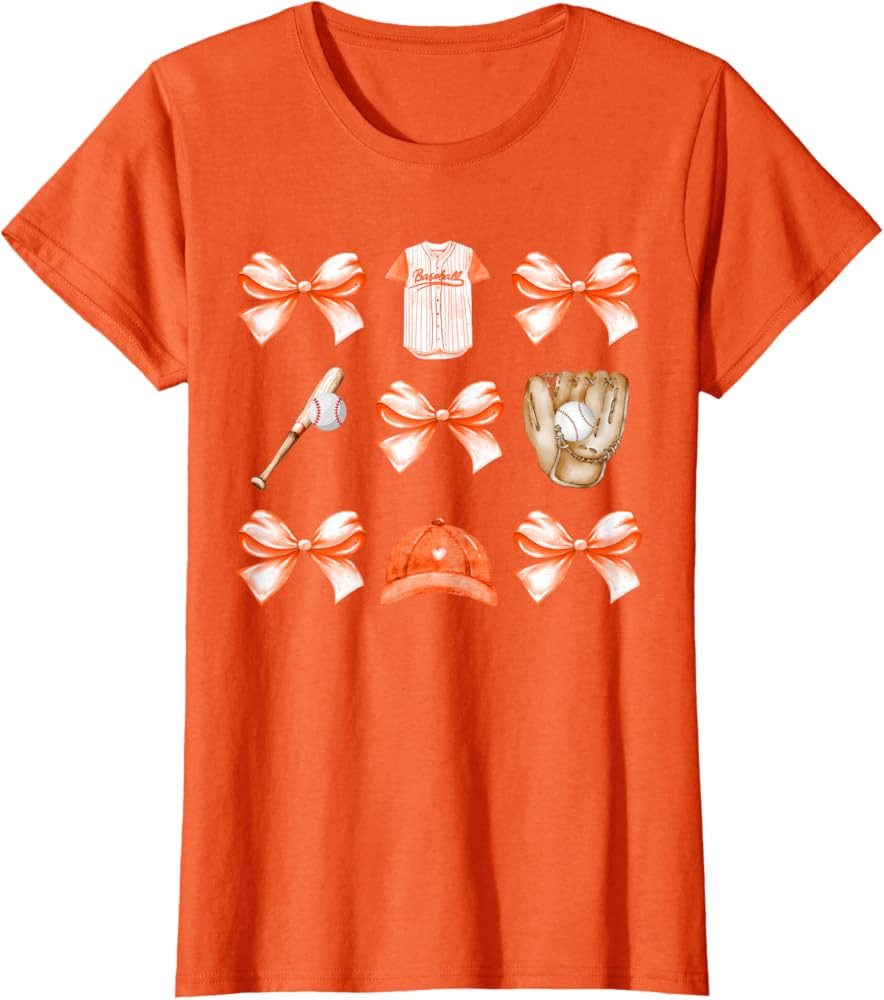 Baseball Game Day Orange Coquette Bow Baseball Mom Retro T-Shirt | Amazon (US)