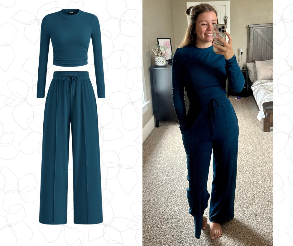 I'd give this one a 9/10! This set is very stretchy, ribbed, and comfortable! It fits perfectly, however, the top is fitted (and I am usually more of a baggy clothes kind of girl!). The top is definitely cropped, but the pants are high waisted so they meet each other! Amazon Fashion Lounge Set 

 