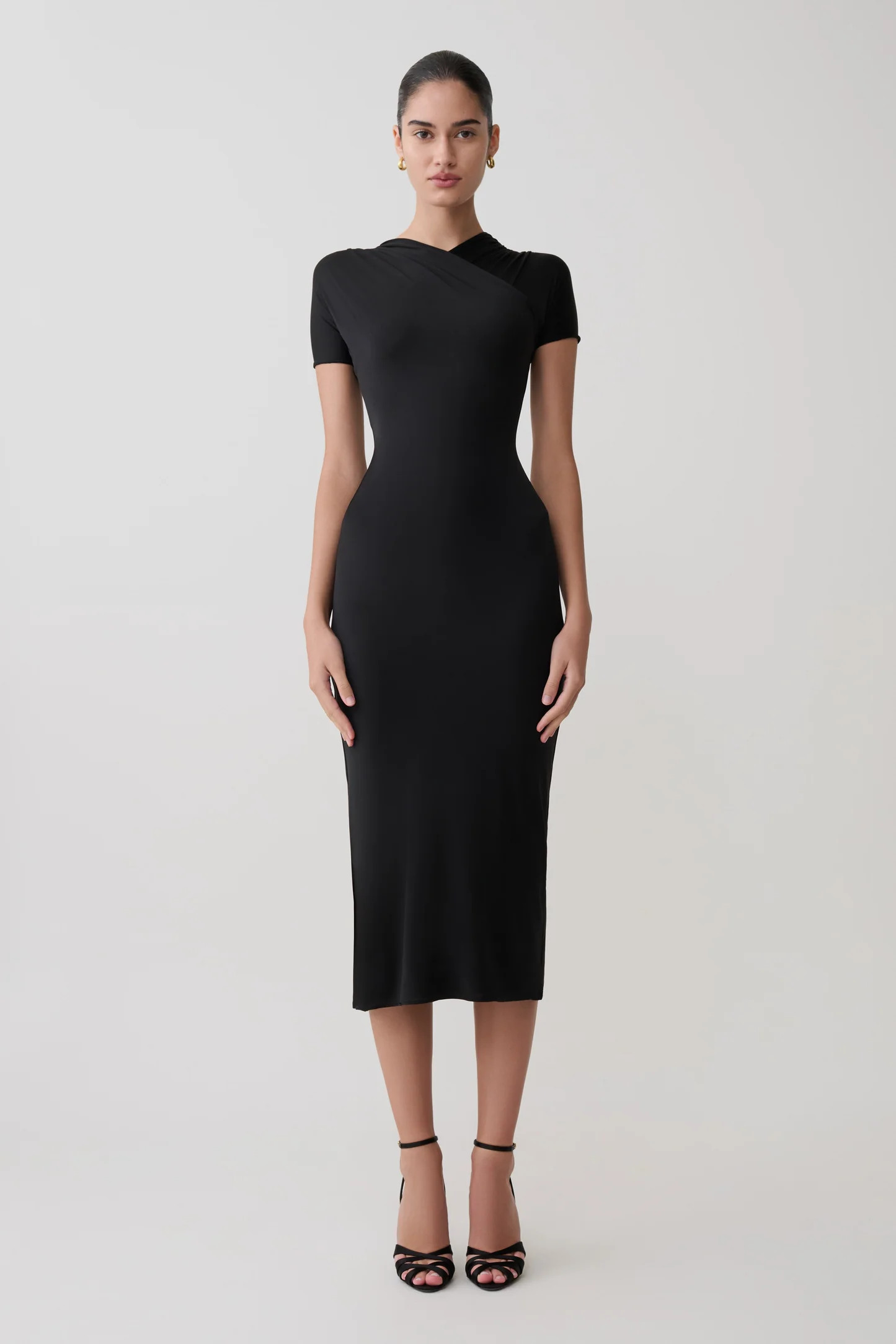 Junie Cross-Over Neck Slinky Maxi Dress - Black | Meshki UK