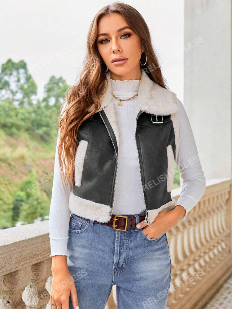 Teddy Lined Vest Jacket  | SHEIN