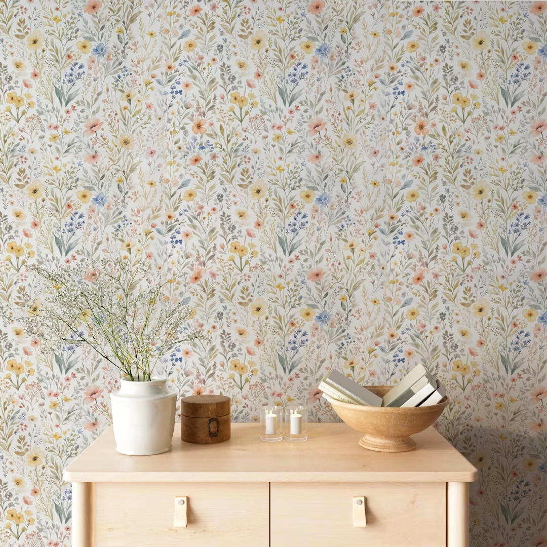 Beige Wildflowers Botanical Wallpaper Peel & Stick Vinyl Removable, Girls Nursery Self Adhesive W... | Etsy (US)