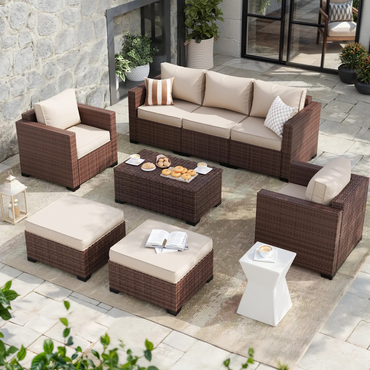 5-Person Outdoor Wicker Seating Group with Storage Deck Box and Ottomans | Wayfair North America