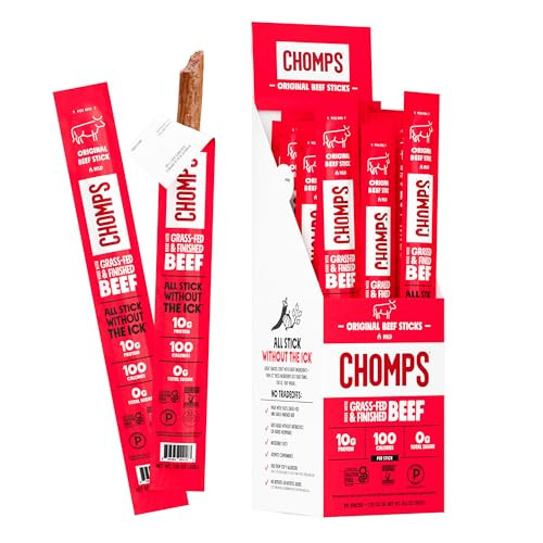 Chomps Grass-Fed and Finished Original Beef Jerky Snack Sticks 24-Pack, Keto, Paleo, Whole30, 10g Protein, Gluten-Free | Amazon (US)