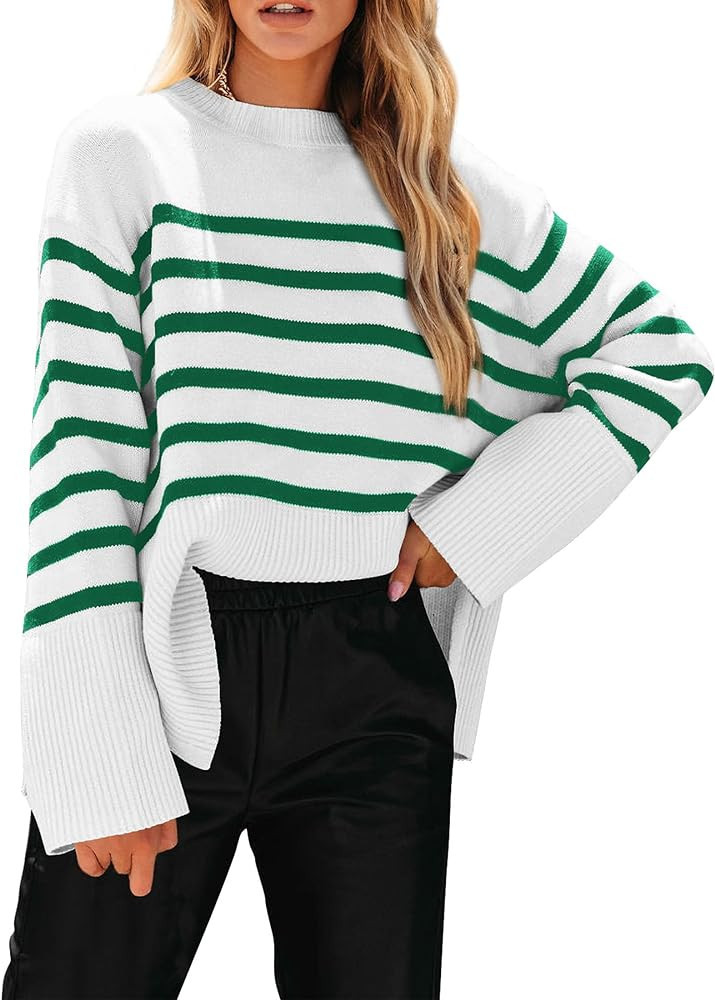 PRETTYGARDEN Women's 2023 Fall Striped Sweater Oversized Long Sleeve Crew Neck Side Slit Casual T... | Amazon (US)