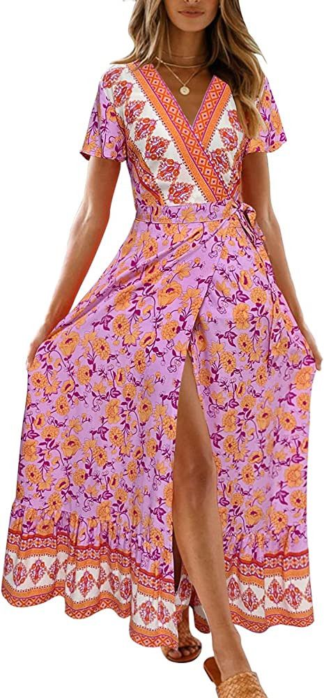 ZESICA Women's 2023 Bohemian Floral Printed Wrap V Neck Short Sleeve Split Beach Party Maxi Dress | Amazon (US)