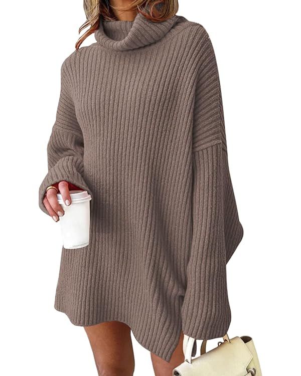 EFAN Womens Oversized Turtleneck Sweater Dress 2023 Trendy Pullover Ribbed Knit Dress | Amazon (US)