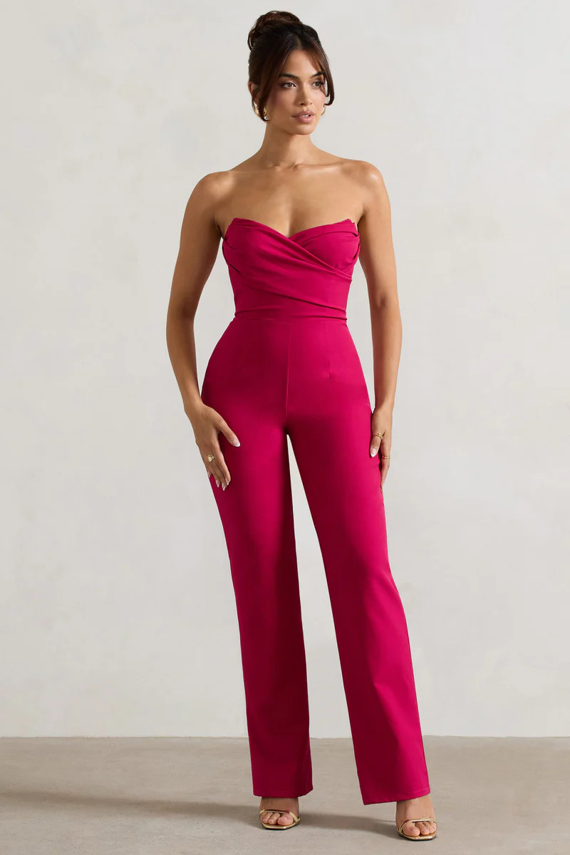 Bellezza  Hot Pink Bandeau Corset Wide Leg Jumpsuit | Club L London