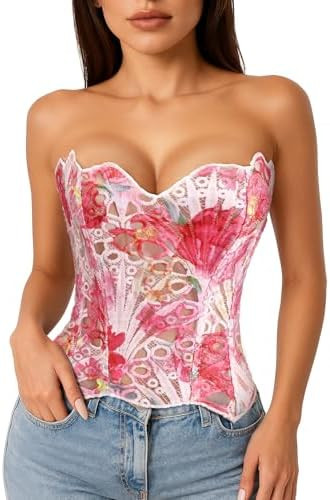 LEACOOLKEY Lacework Corset Top for Women Sexy Textured Sheer Floral Lace Bustier Going Out Lace-u... | Amazon (US)