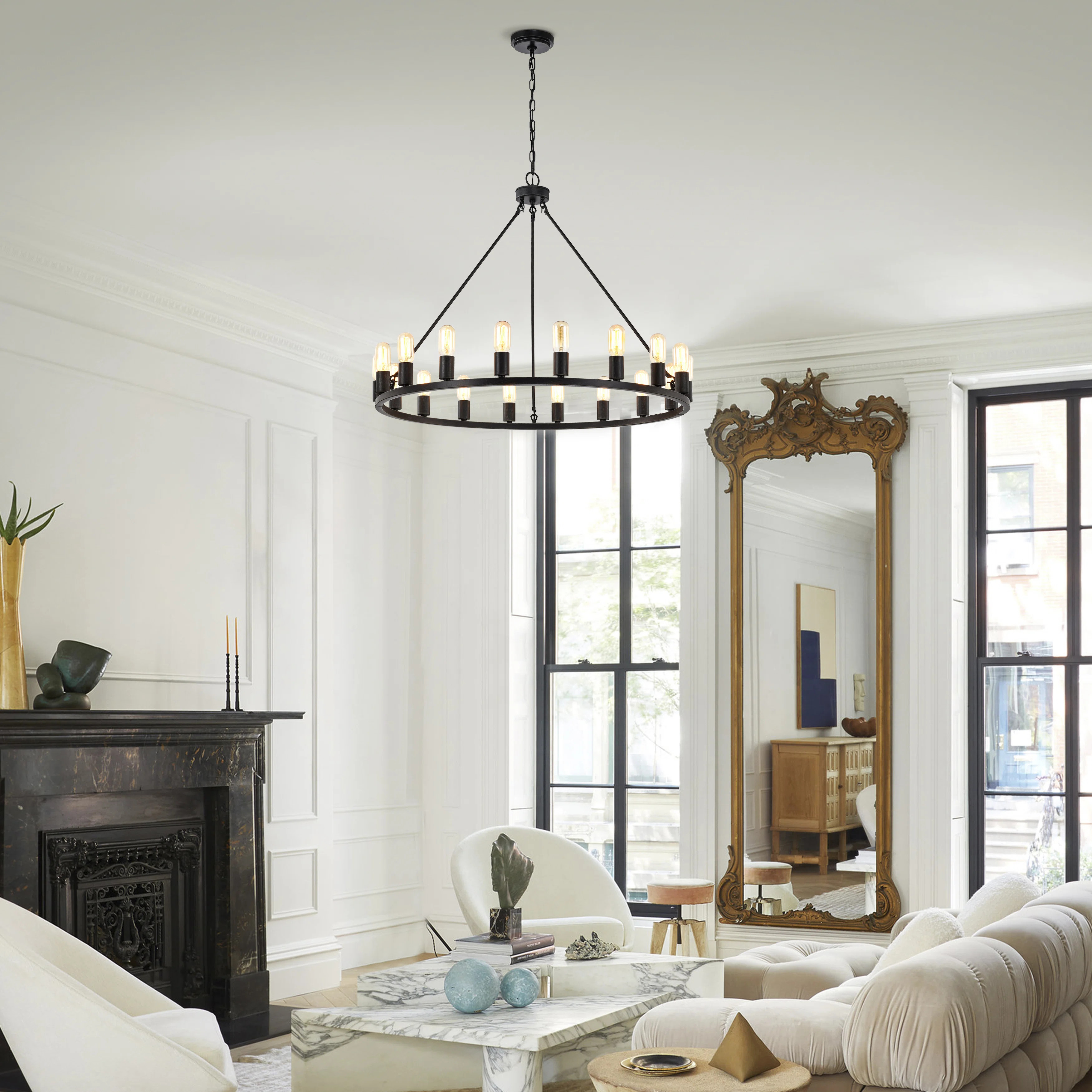 Laurel Foundry Modern Farmhouse® Trost 18 - Light 36" Antique Black Metal Round Chandelier & Rev... | Wayfair North America