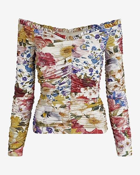 Body Contour Compression Floral Off The Shoulder Ruched Tee | Express