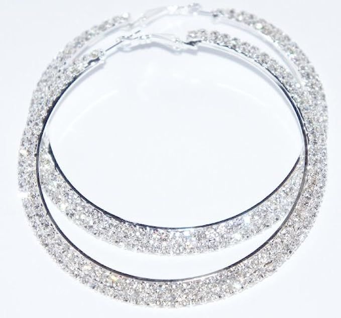 Dazzling Silver Tone 2 Row Crystals Rhinestones Hoop Earrings 50mm in Width | Amazon (US)