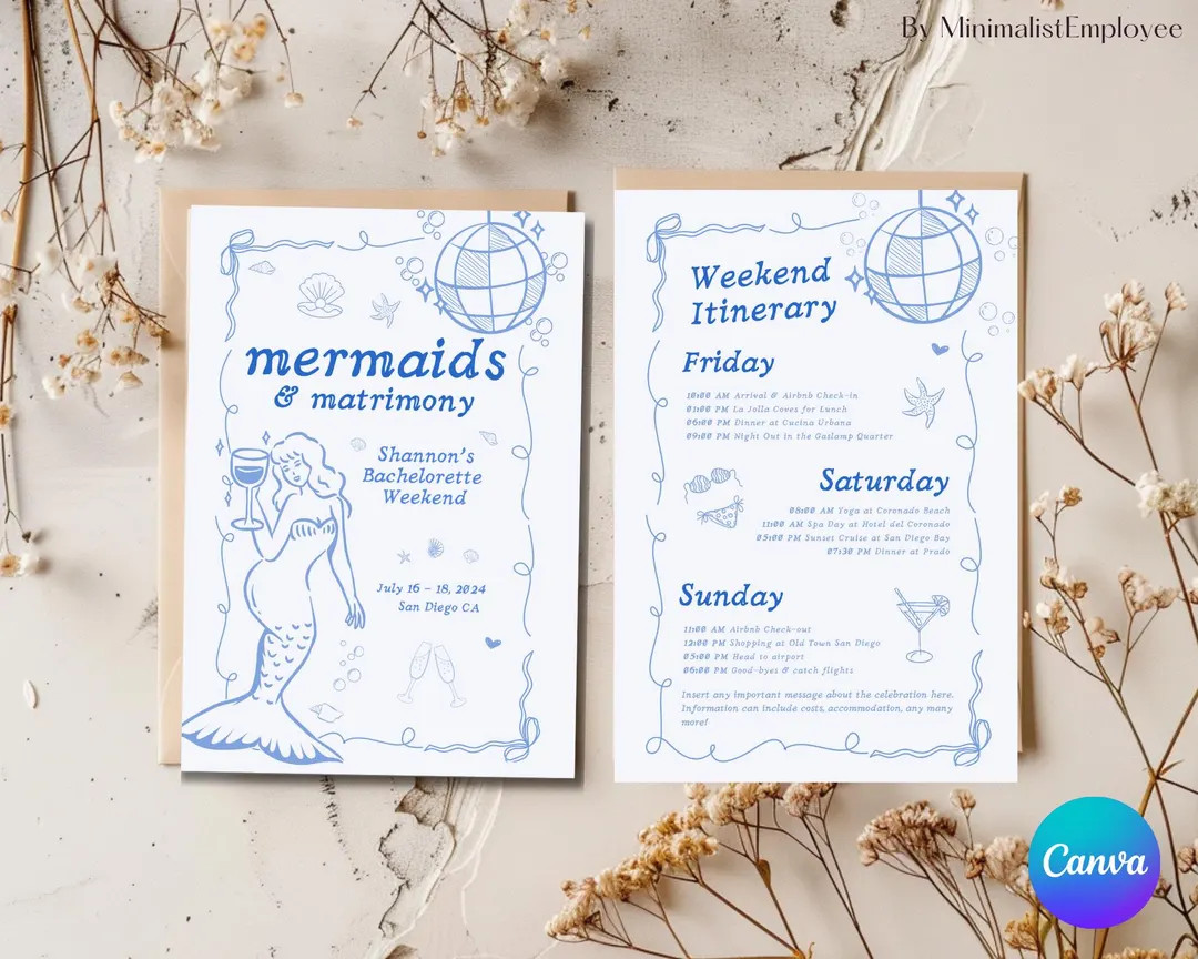Mermaids & Matrimony Bachelorette Itinerary: Coastal Canva Template (Digital Download) | Etsy (US)