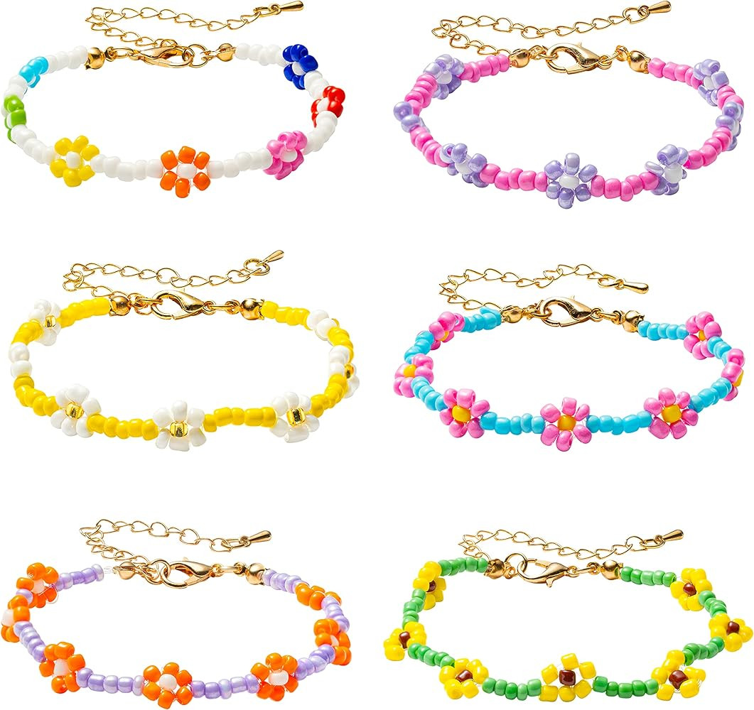 PANTIDE 6Pcs Colorful Daisy Flower Bead Bracelets Set Indie Handmade Beaded Flower Bracelets Ankl... | Amazon (US)