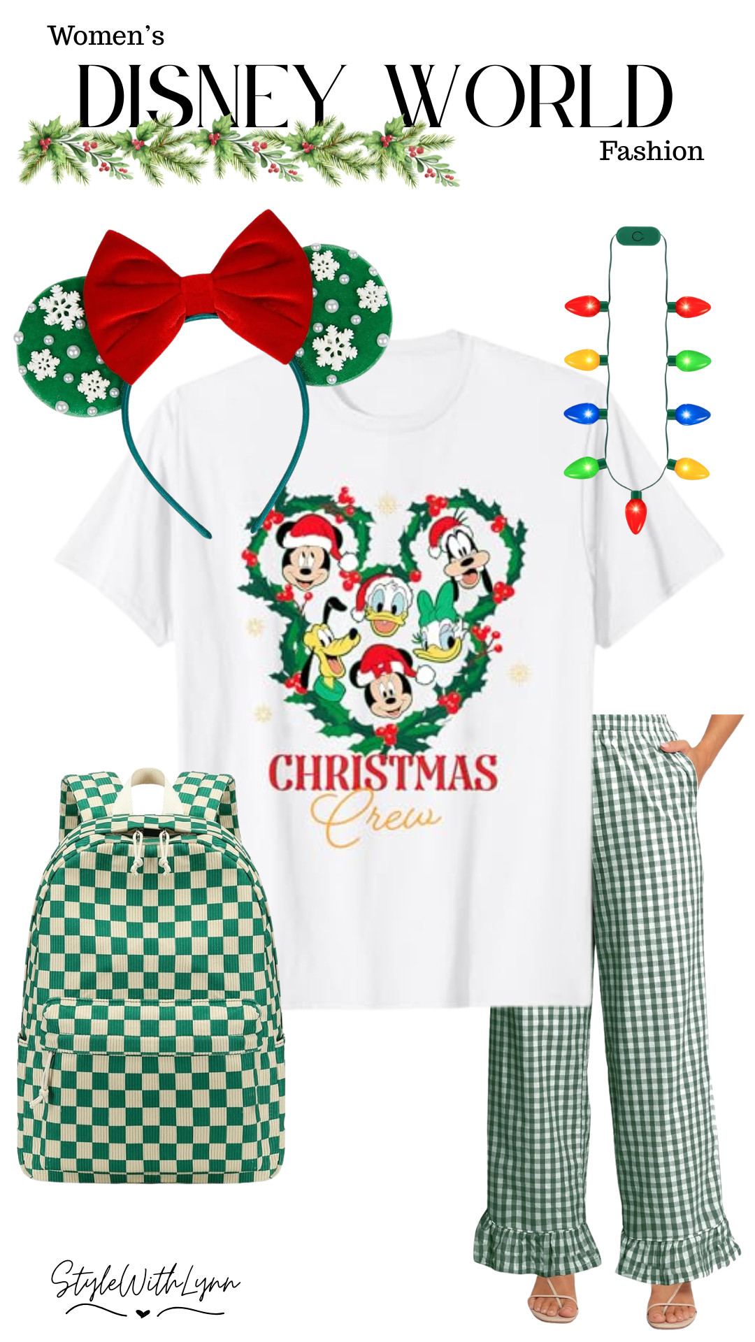 Bring on the holiday magic! ✨🎄 This Christmas-themed Disney World outfit is comfy, festive, and absolutely park-day perfect! I’m obsessed with these green gingham ruffle pants paired with the Christmas Crew tee, such a cute way to show your love for Mickey, Minnie, Donald, Goofy and Pluto. Add the snowflake Minnie ears, light-up necklace, and the checkered backpack for the cutest Christmas-in-the-parks vibe.

Linking everything for your next magical holiday trip! ❤️💚



Disney Christmas outfit, Disney World Christmas outfit, women’s Disney Christmas fashion, Christmas crew Disney tee, green gingham pants outfit, Disney holiday outfit women, Mickey Mouse Christmas outfit, Minnie Mouse Christmas ears, Disney World outfit ideas, Disney parks Christmas outfit, Disney Christmas style, Disney holiday trip outfits, cute Disney Christmas clothes, holiday Disney aesthetic, Disney World winter outfits 

 #LTKHoliday #LTKSeasonal #LTKTravel