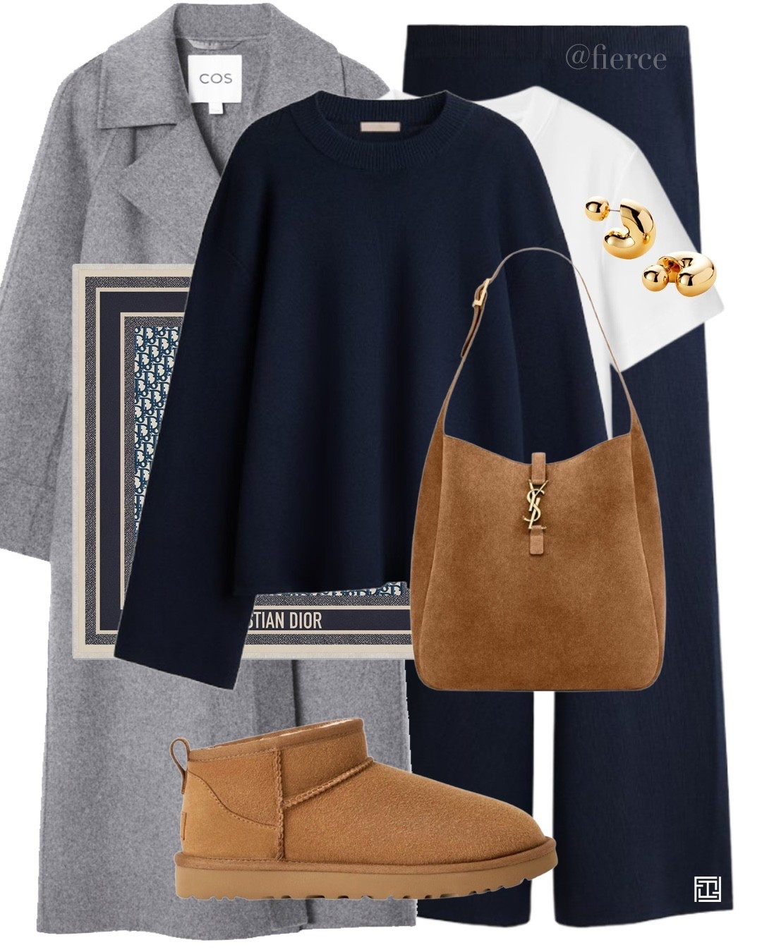 Navy knitted co-ord set knitted trousers lounge set grey belted wool coat Ysl suede brown bucket bag Ugg mini classic casual weekend outfit travel look school drop off 

#LTKeurope #LTKautumn #LTKuk