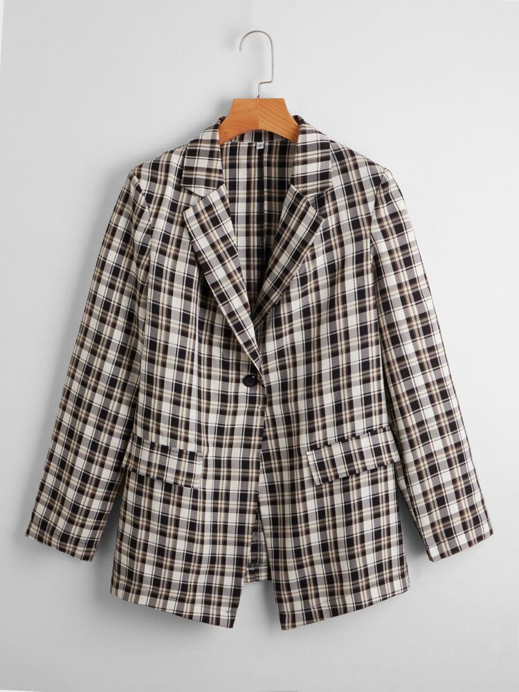 Plaid Single Button Flap Detail Blazer | SHEIN