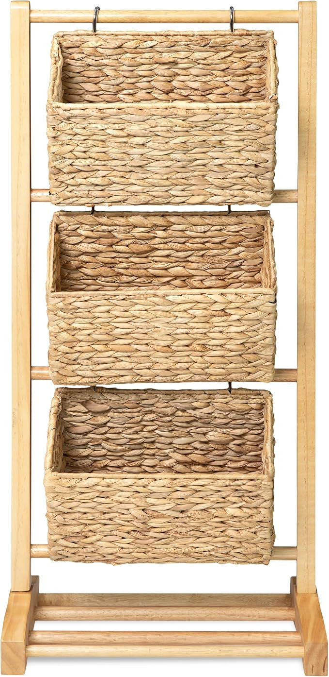 HOMESTEAD 3-Tier Wooden Shelf with Water Hyacinth Woven Baskets – Rattan Shelf Basket, Boho Roo... | Amazon (US)