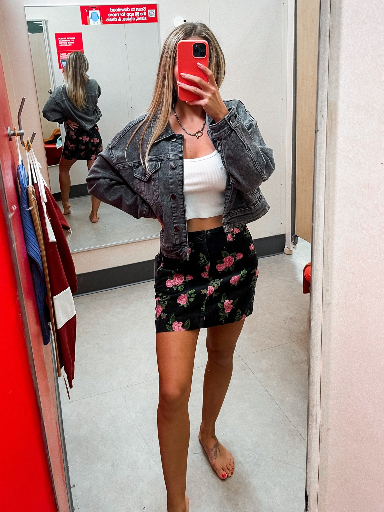 Cord Corduroy target Mini Skirt in Black Floral Roses - size 00 (I like to order skirts in one size down) paired with a white crop tank top and washed cropped gray denim jacket

#LTKunder50 #LTKunder100 #LTKstyletip