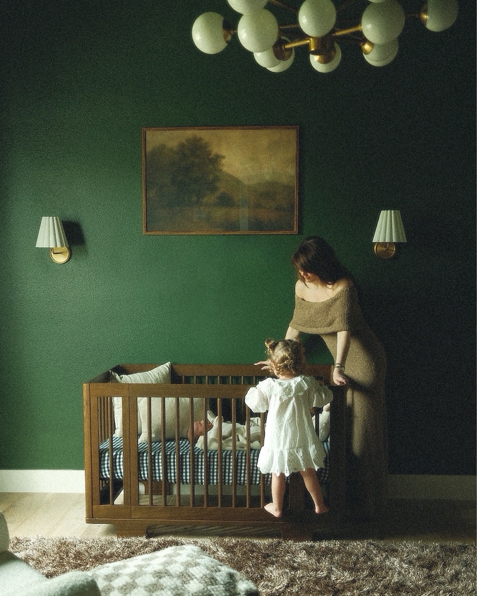 revolve dress, babyletto crib, lulu & georgia sconces, painting from etsy 🤎