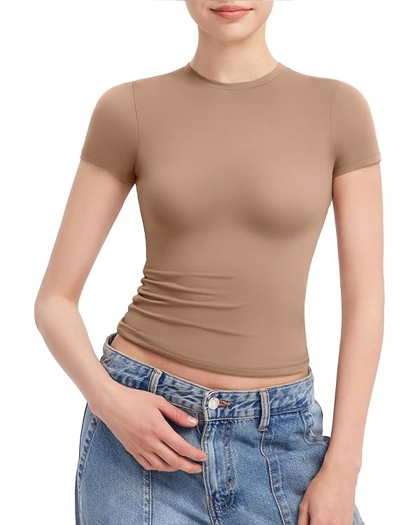 PUMIEY Women's Crew Neck Short Sleeve Tops Double Lined Slim Fit T Shirts Basic Tee Smoke Cloud P... | Amazon (US)