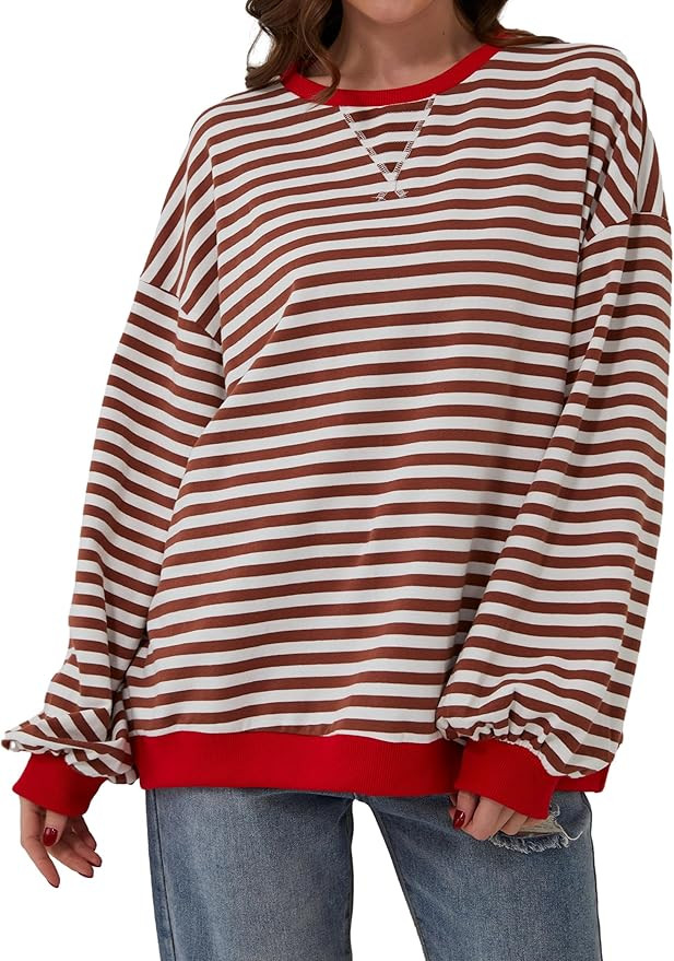 TERIVEEK Women Oversized Striped Color Block Long Sleeve Crew Neck Sweatshirt Casual Loose Pullov... | Amazon (US)