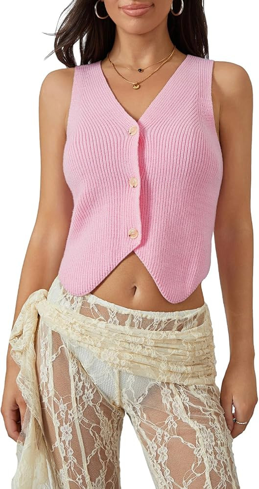 Fernvia Women's V Neck Sleeveless Button Down Crochet Vest Top | Amazon (US)