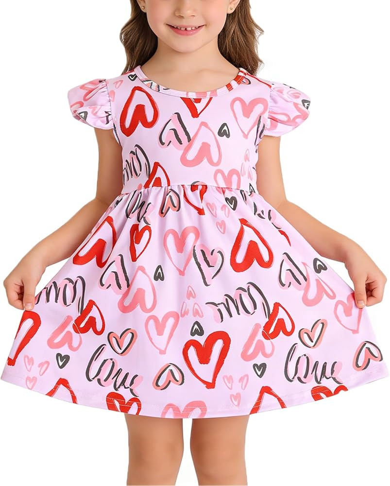 Valentines Toddler Girls Dress Love Hearts Pink Print Dresses Short Sleeve Clothes 3-8Y | Amazon (US)