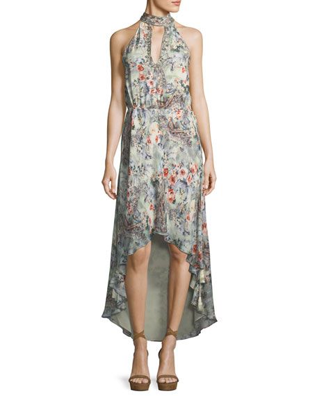 Wished Upon Sleeveless Floral-Print Draped Silk Dress | Neiman Marcus