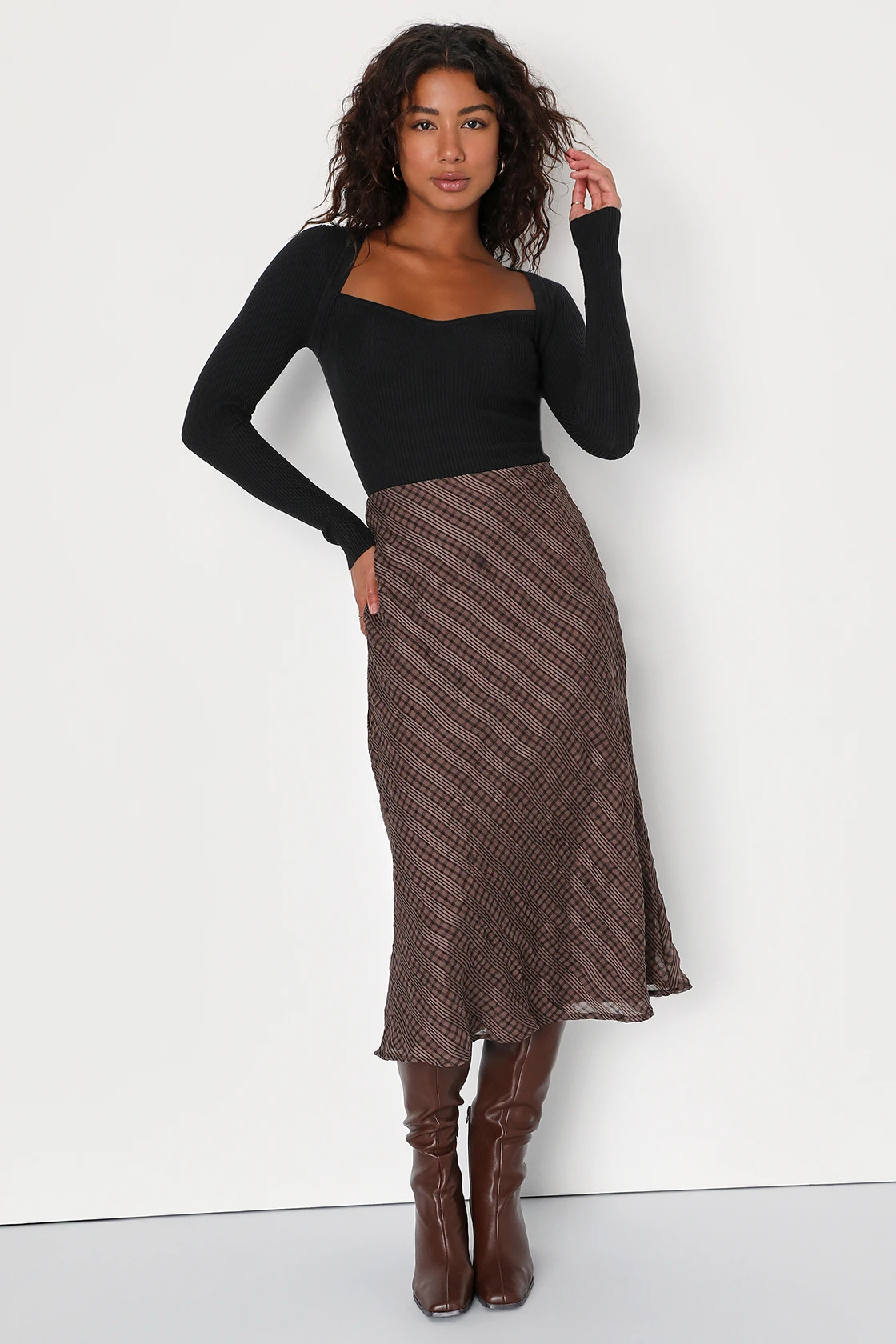 Trendy Era Brown Plaid Chiffon Midi Skirt | Lulus